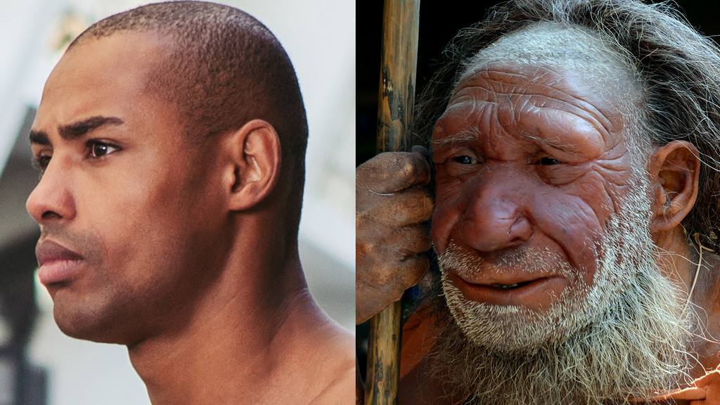 Gegenüberstellung eines modernen Afrikaners und die Vorstellung von einem Neandertaler. 