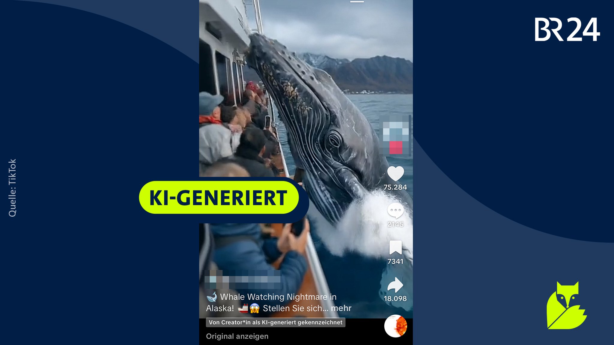 Screenshot eines KI-generierten TikTok-Videos, in dem vermeintlich ein Buckelwal auf ein Boot voller Touristen springt und es zerstört. Diese Szene hat so nie stattgefunden.