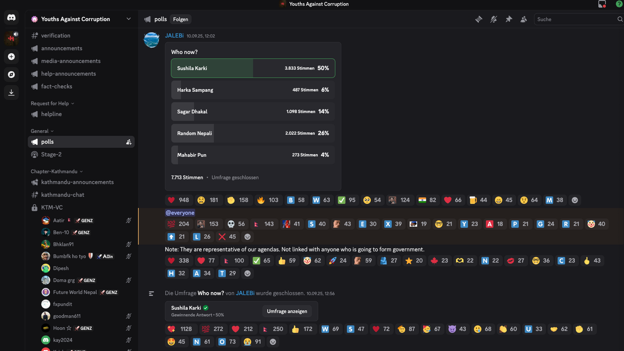 Screenshot am 17.9.25: Der Discord-Server "Youth Against Corruption" mit der Wahl der Interimschefin Sushila Karki am 12.9.25