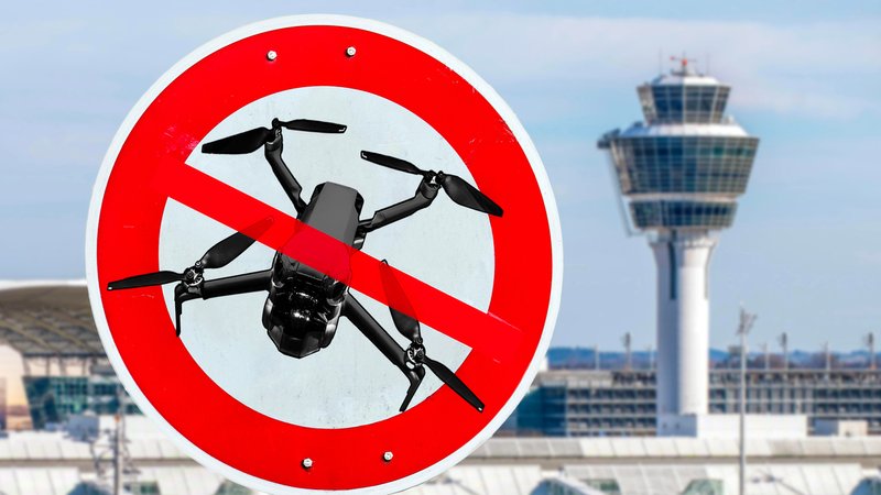Collage: Verbotsschild mit durchgestrichener Drohne und der Tower des Münchener Flughafens. | Bild: picture alliance / Wolfgang Maria Weber | Wolfgang Maria Weber Collage: Verbotsschild mit durchgestrichener Drohne und der Tower des Münchener Flughafens.