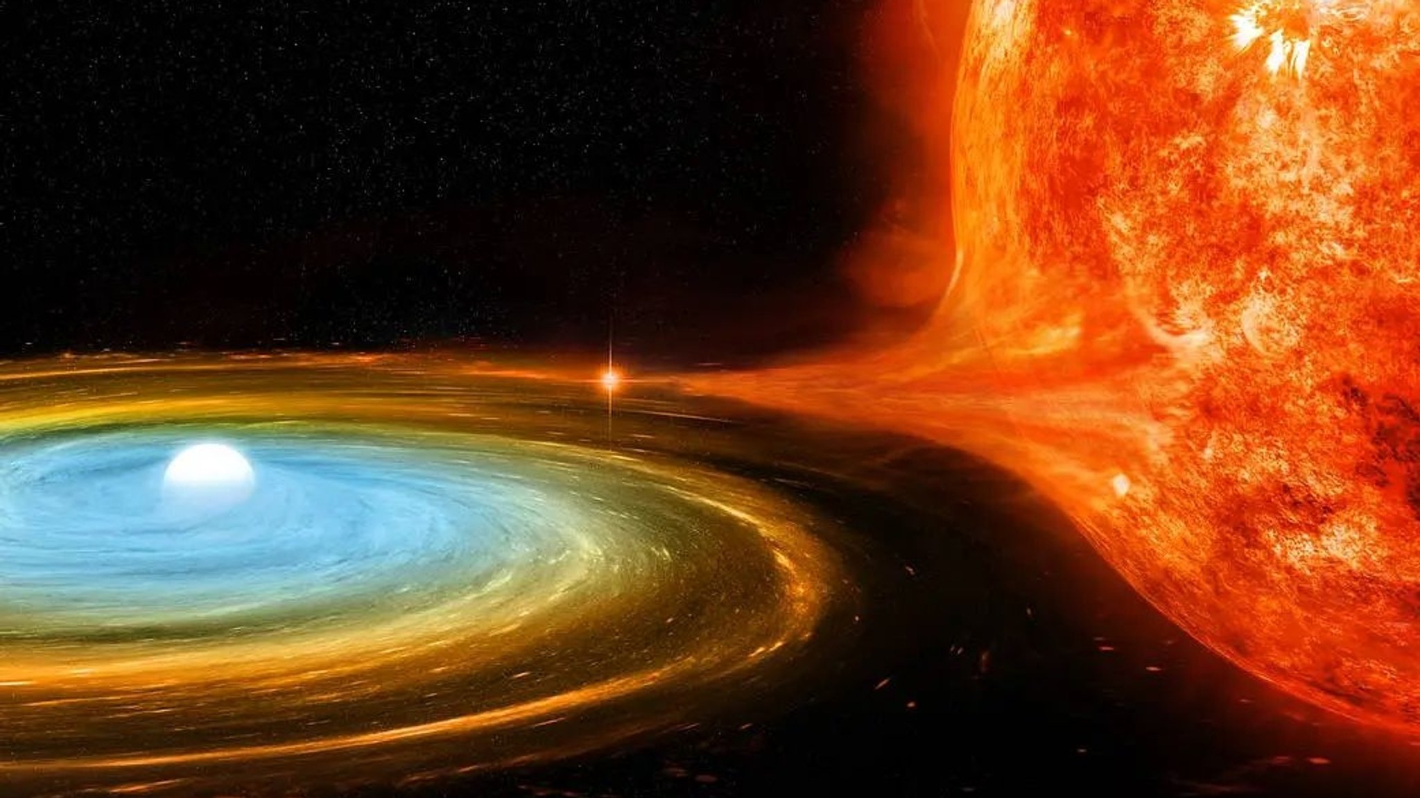 Grafische Darstellung eines Doppelsternsystems aus einem Roten Riesen (rechts) und einem Weißen Zwerg (links). Der Weiße Zwerg ist ein extremer Sterntyp am Ende eines Sternenlebens, hevorgegangen aus einem Roten Riesen. Er hat alle seine Hüllen abgeworfen, nur ein enorm dichter Kern ist übrig. Der saugt aufgrund seiner hohen Dichte Material an - in diesem Fall vom nahen Roten Riesen.