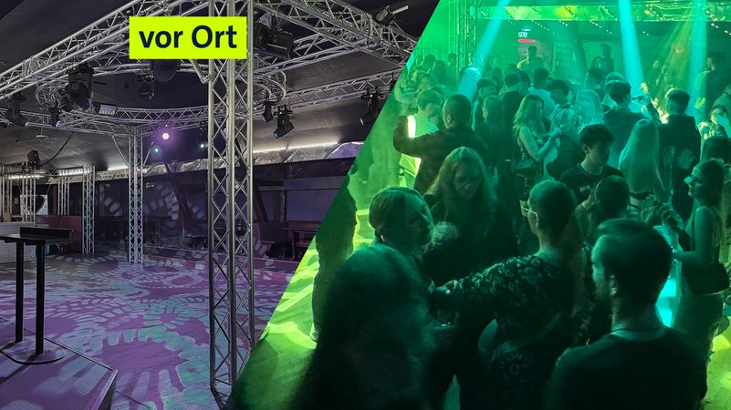 Die leere Tanzfläche im "Kaiser" vor der Party und im Zusammenschnitt die volle Tanzfläche während der Party | Bild: BR/ Leon Willner Die leere Tanzfläche im "Kaiser" vor der Party und im Zusammenschnitt die volle Tanzfläche während der Party
