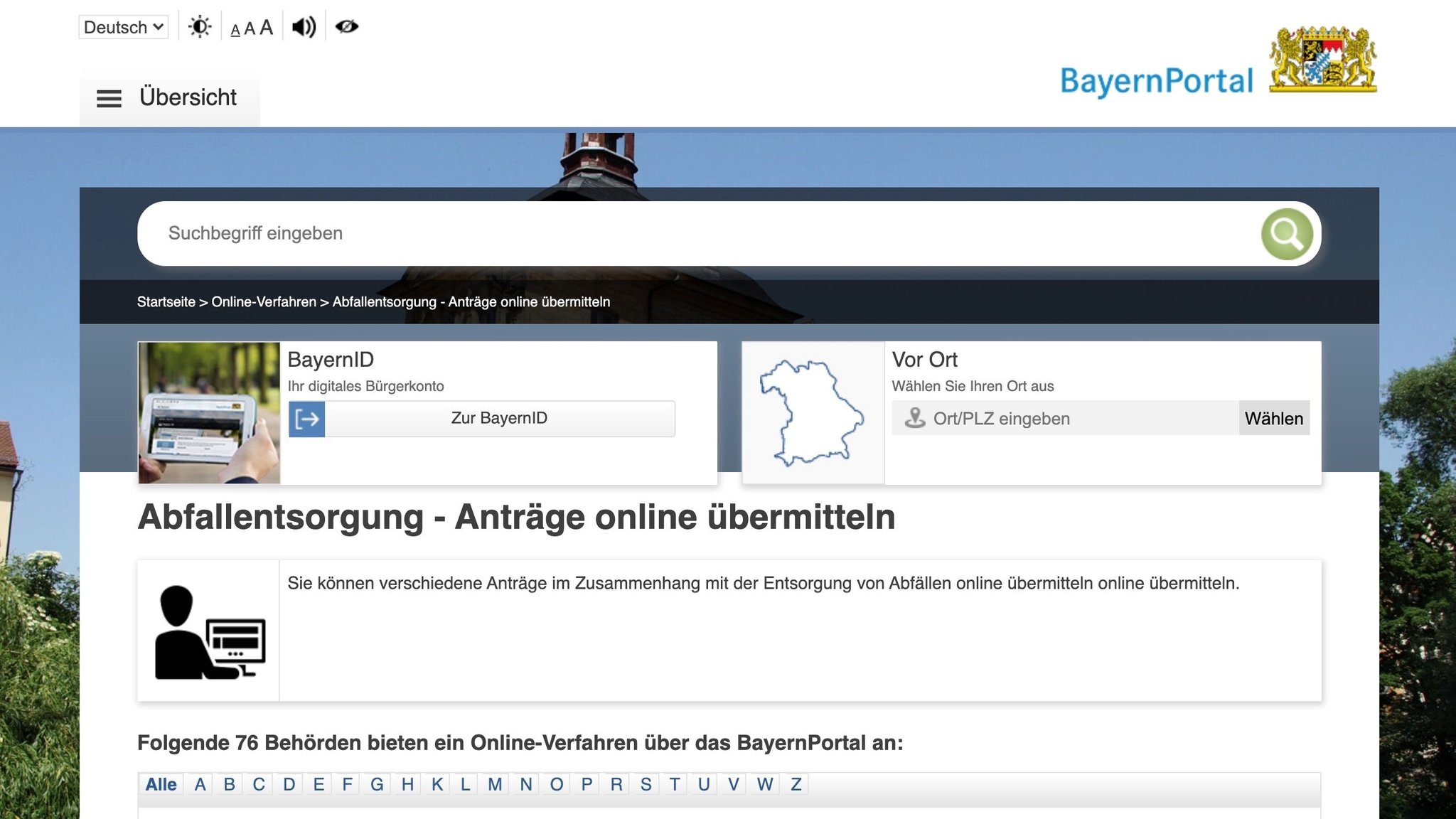 Screenshot des bayerischen E-Government-Portals