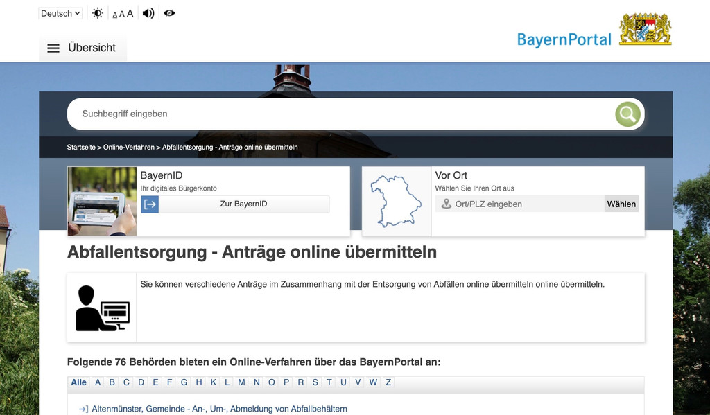 Screenshot des bayerischen E-Government-Portals