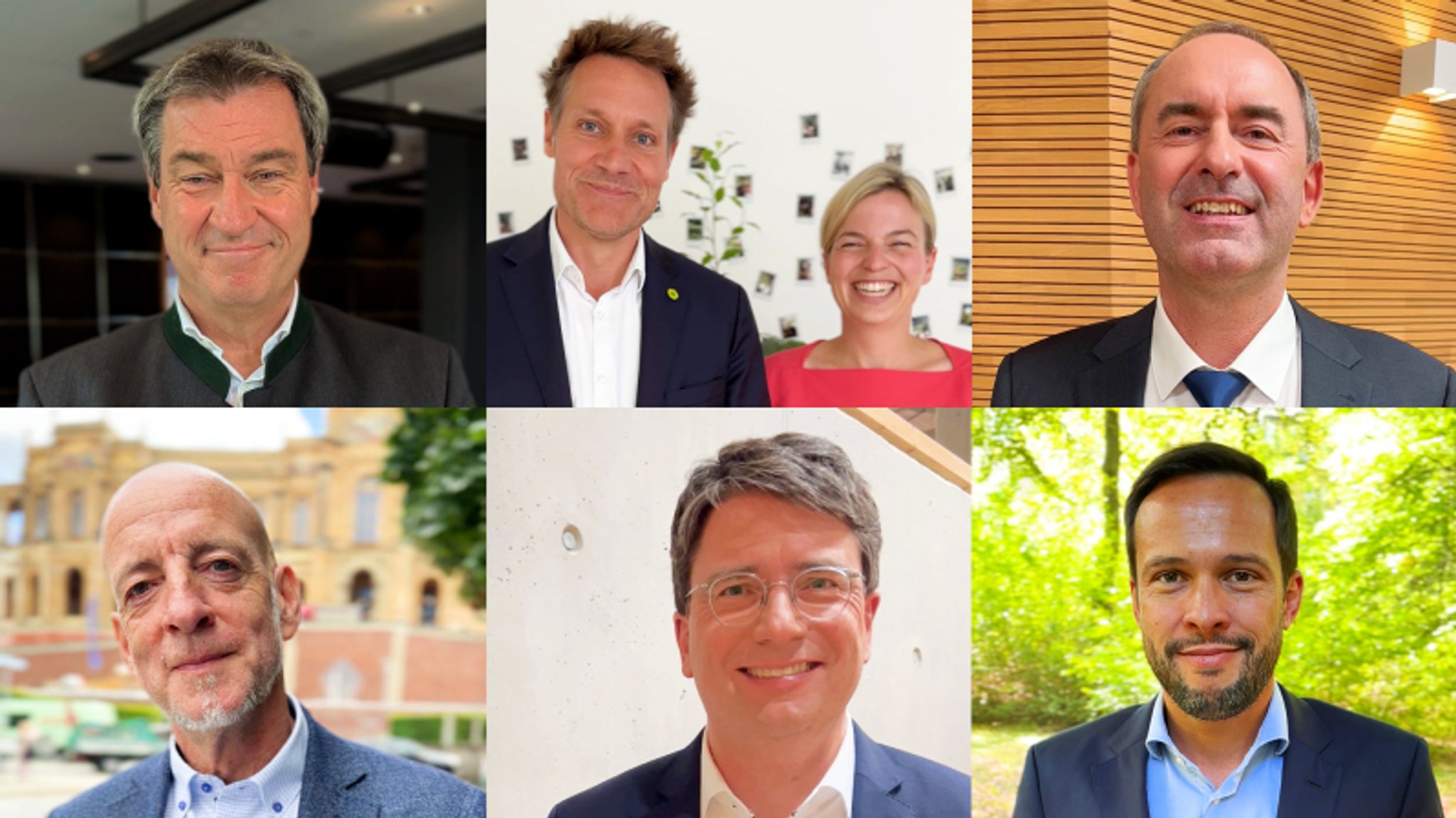 Markus Söder (CSU), Ludwig Hartmann und Katharina Schulze (Grüne), Hubert Aiwanger (Freie Wähler), Martin Böhm (AfD), Florian von Brunn (SPD), Martin Hagen (FDP) im BR24 Instagram-Interview