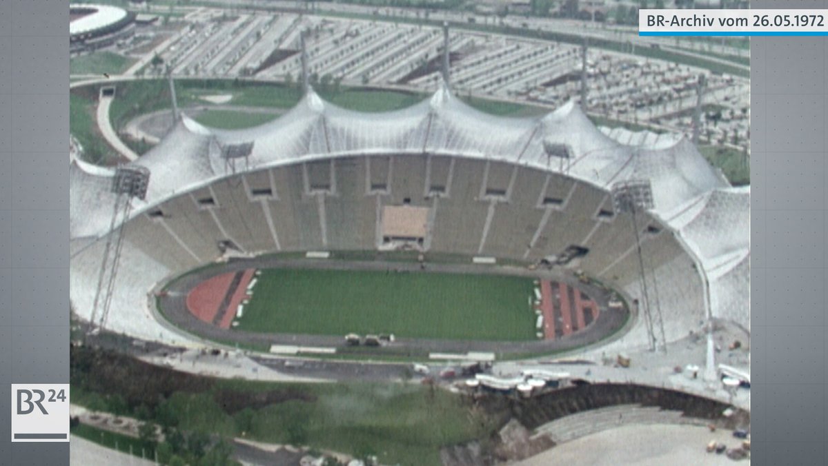 Luftaufnahme des Olympiastadions 1972 mit dem Zeltdach