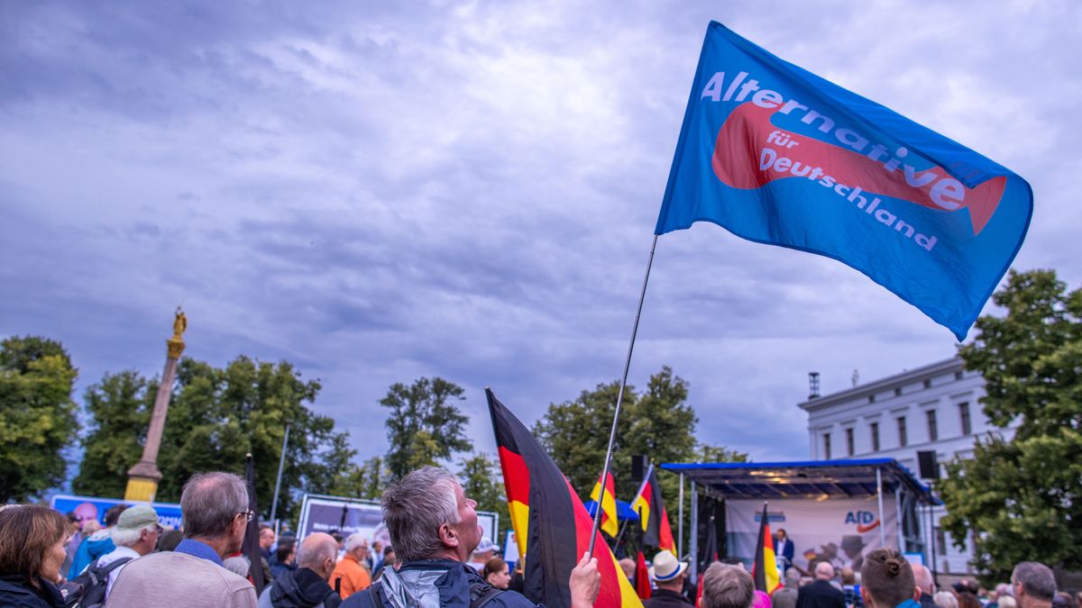 in Anhänger der AfD hält zum Auftakt der Wahlkampftour der AfD vor der Bühne eine Fahne der Partei. 