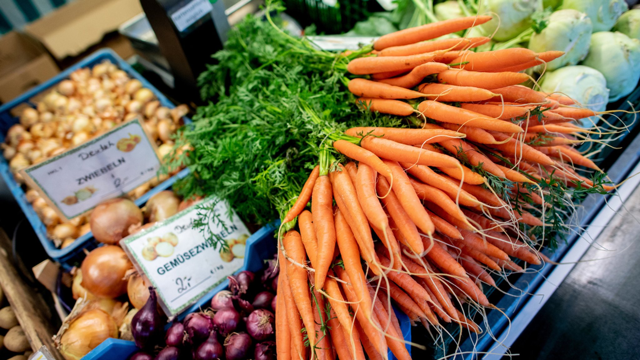 Karotten und Zwiebeln stehen an einem Obst- und Gemüsestand auf einem Wochenmarkt zum Verkauf.