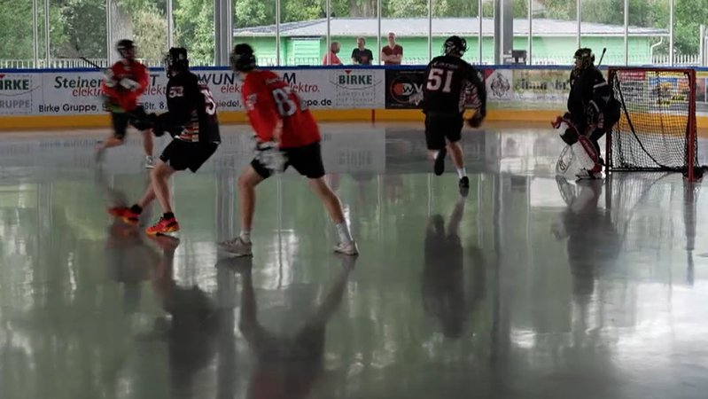 Auf einem Spielfeld in einer Halle spielen Männer mit Holschlägern, an denen kleine Netze hängen. | Bild: BR Auf einem Spielfeld in einer Halle spielen Männer mit Holschlägern, an denen kleine Netze hängen.