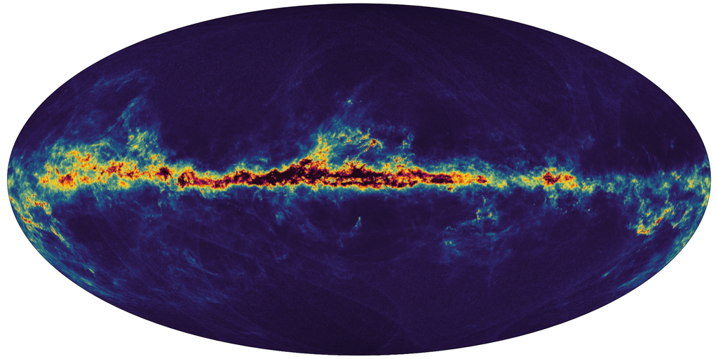 Gaia-Aufnahme des interstellaren Staubs in der Milchstraße, mit fast staubfreien Bereichen und dem sehr staubigen Teil in der Mitte.
