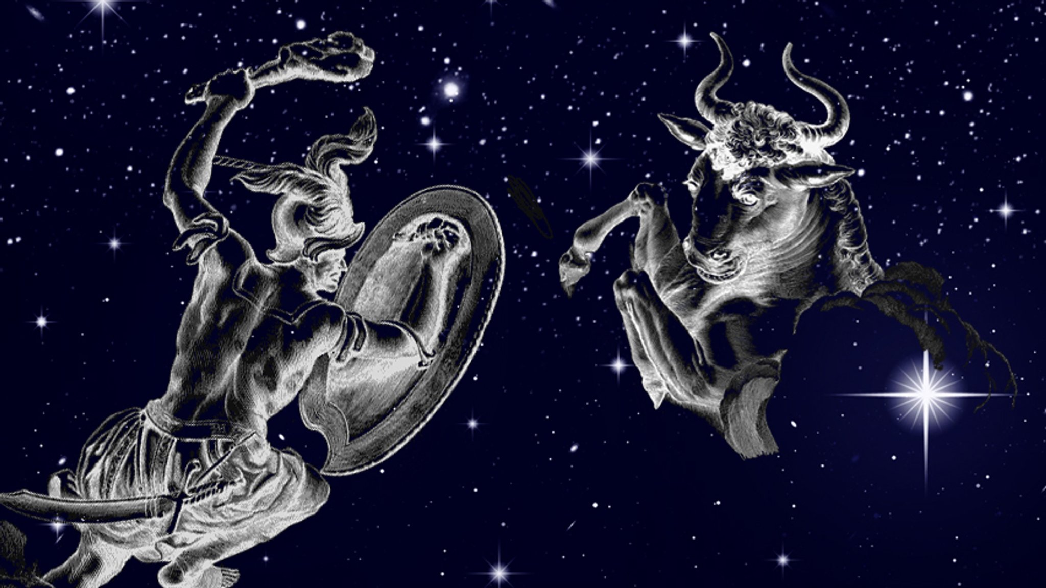 Symbole der Sternbilder Orion und Stier vor dem Sternenhimmel (Collage)