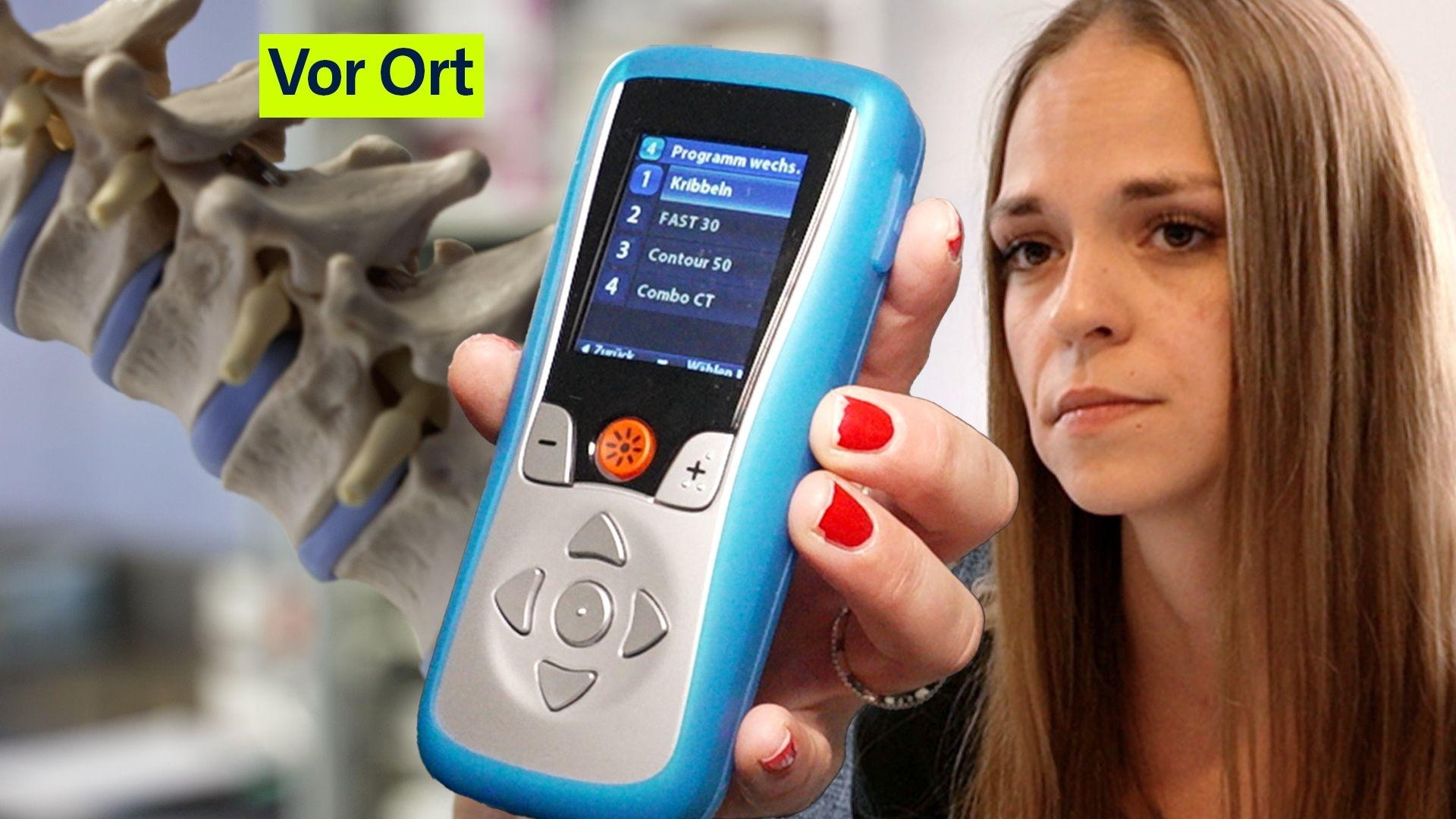 Schmerzpatientin Jennifer Eser, Fernbedienung, Modell der Wirbelsäule