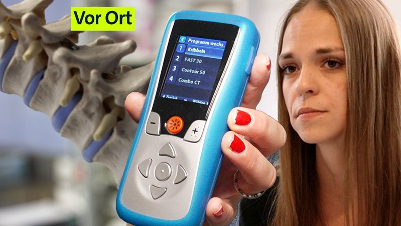 Schmerzpatientin Jennifer Eser, Fernbedienung, Modell der Wirbelsäule | Bild: BR.de Schmerzpatientin Jennifer Eser, Fernbedienung, Modell der Wirbelsäule