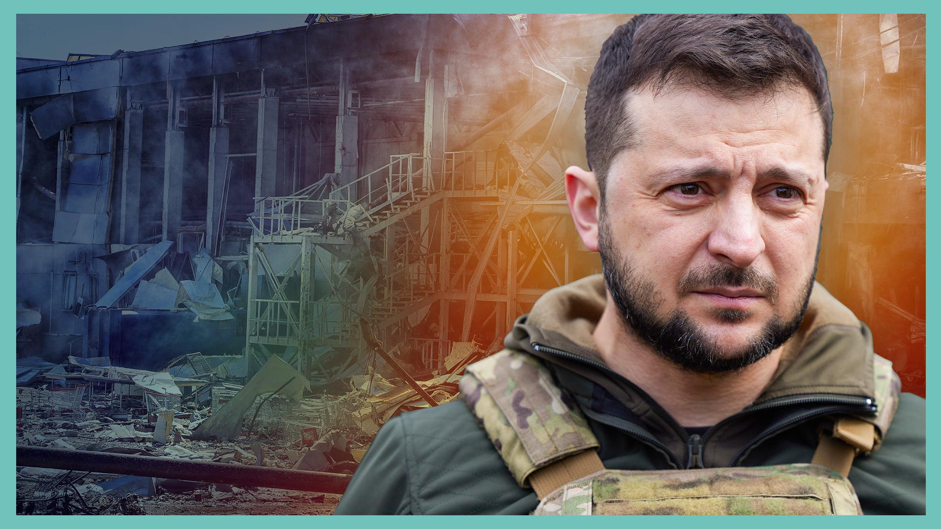 Ein Mann mit schwarzen Haaren und Vollbart, er trägt eine Schutzweste, es ist der ukrainische Präsident Selenskyj, hinter ihm ein zerstörtes Gebäude. | Bild:picture alliance / The Presidential Office of Ukraine, picture alliance / abaca | Lyashonok Nina/Ukrinform/ABACA; Montage: BR