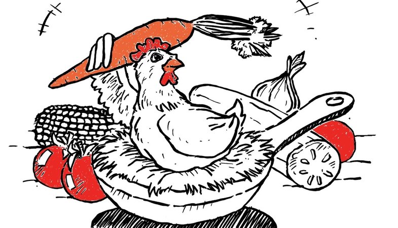 Ein gezeichnetes Huhn sitzt in einer Pfanne mit Stroh - umgeben von Gemüse.