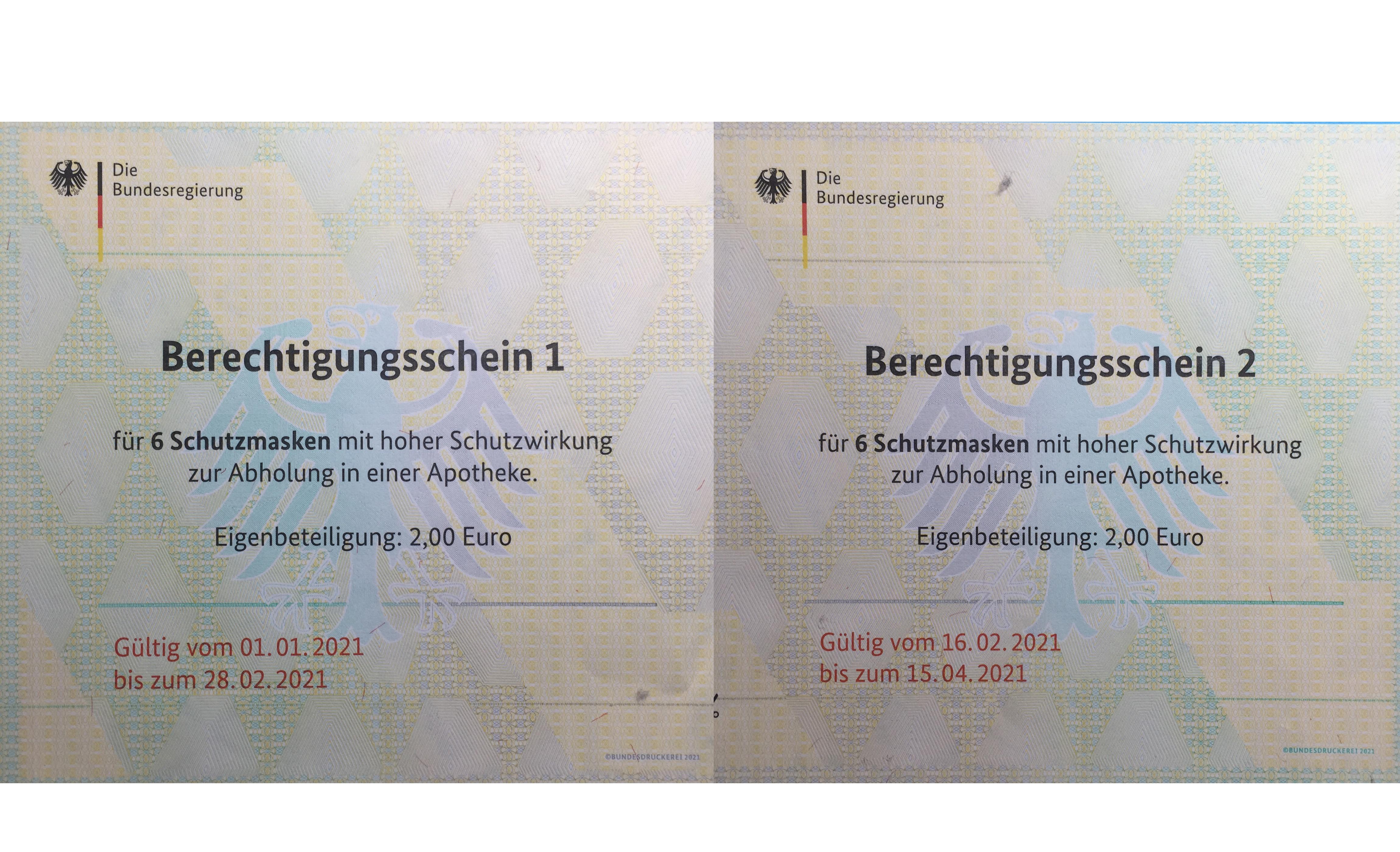 Berechtigungsscheine für FFP2-Masken.