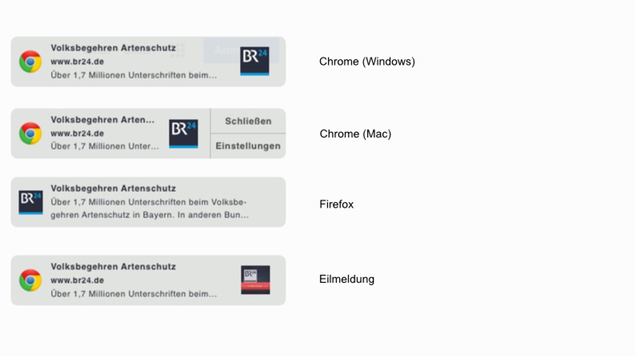 Beispiele, wie die BR24 Browser-Benachrichtigungen aussehen.