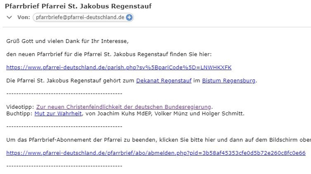 Ein Screenshot des Mail-Service der pfarrei-deutschland für eine Pfarrei in Regenstauf.