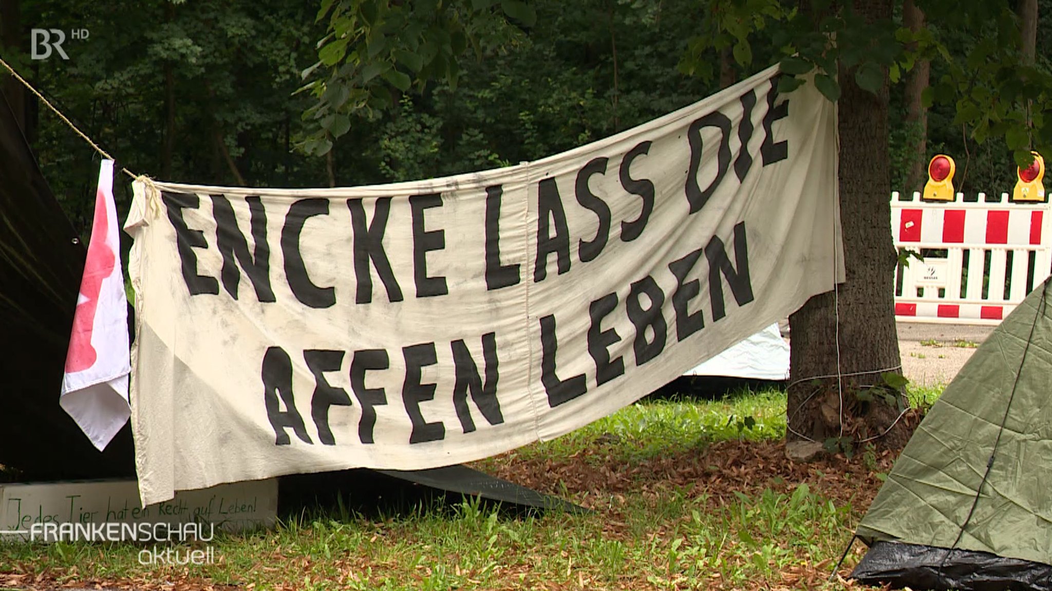 Plakat mit der Aufschrift: Encke lass die Affen leben.