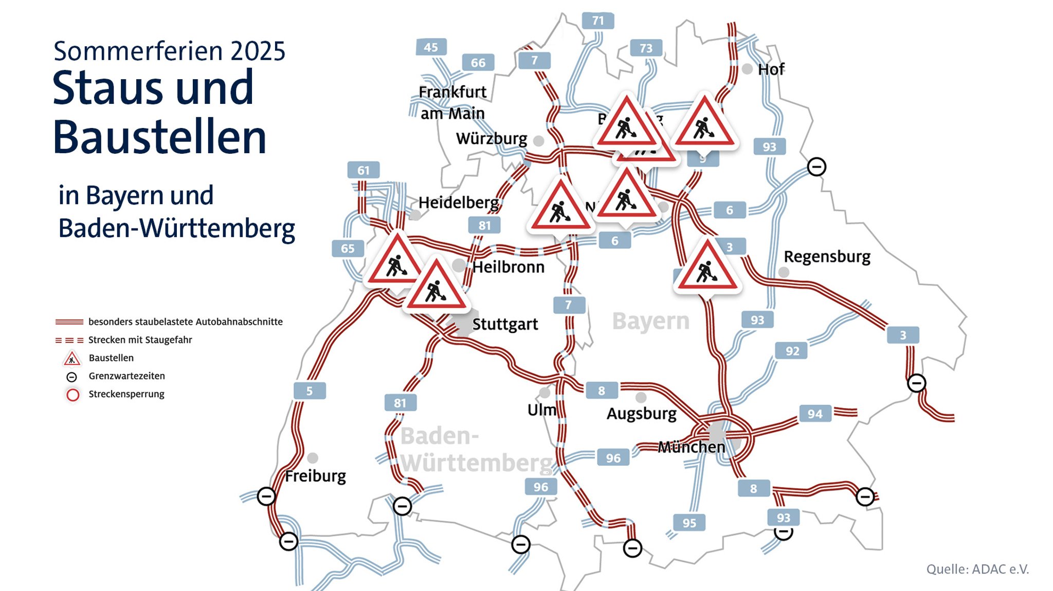 Grafik: Wo laut dem ADAC am Wochenende in Bayern und Baden-Württemberg Stau droht