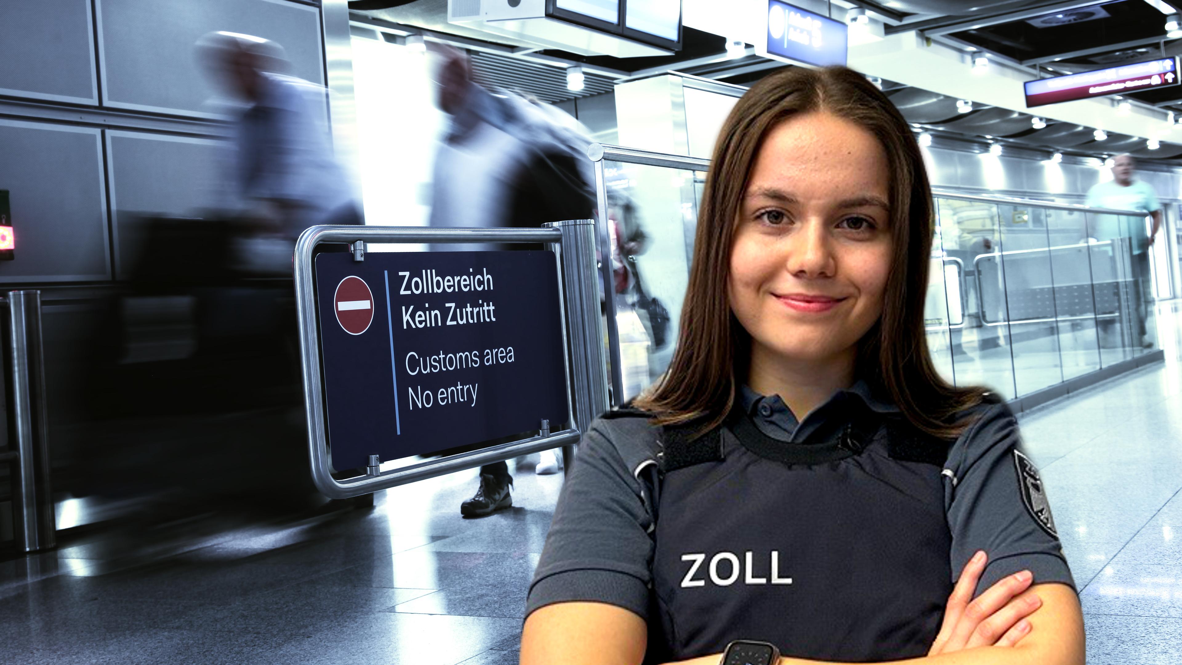 Bild im Hintergrund Zollbereich: Karolina, Studentin des Dualen Studiums zum gehobenen Dienst beim Zoll mit dem Abschluss Bachelor of Laws (LL.B) an der  Hochschule des Bundes in Münster