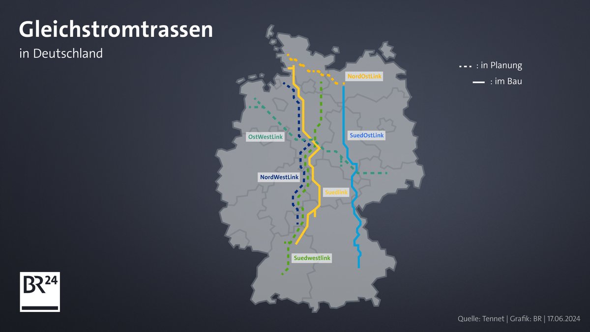 Karte Gleichstromtrassen in Deutschland