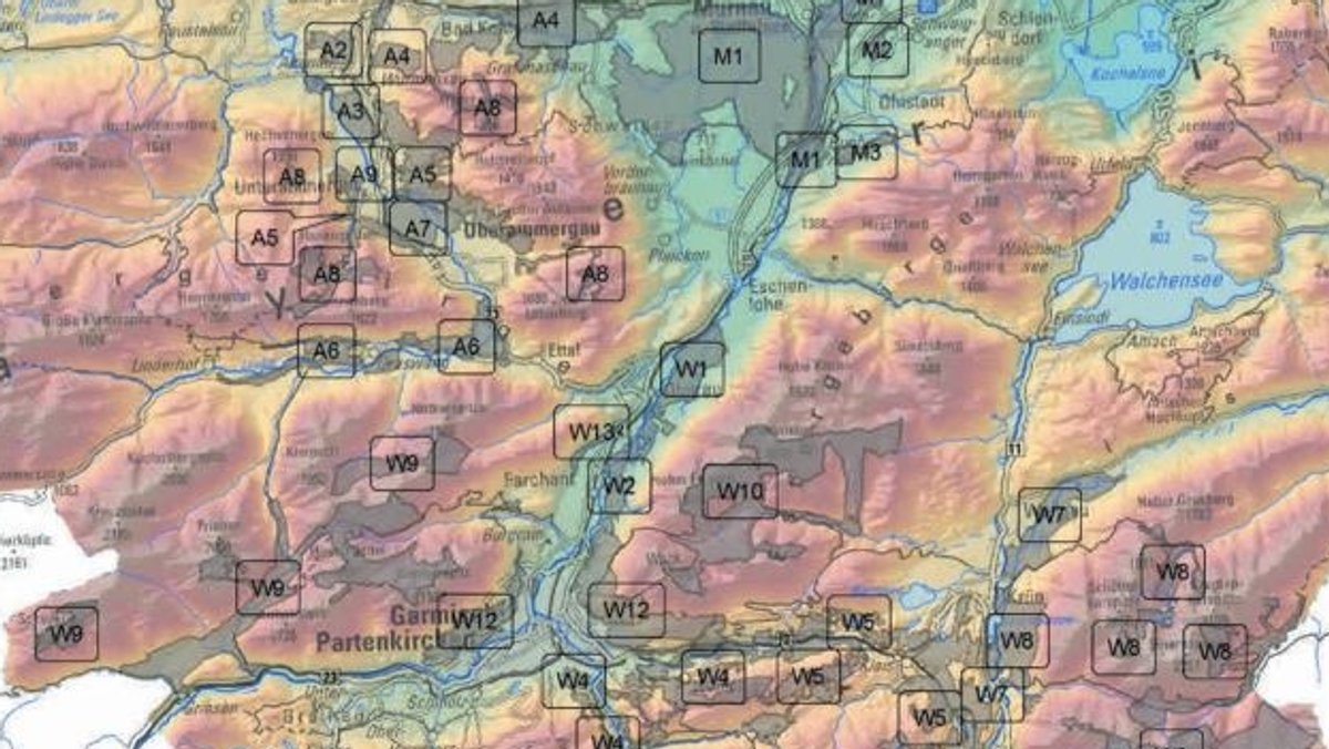 Eine Teil-Landkarte des Landkreises Garmisch-Partenkirchen mit Projektnummern.
