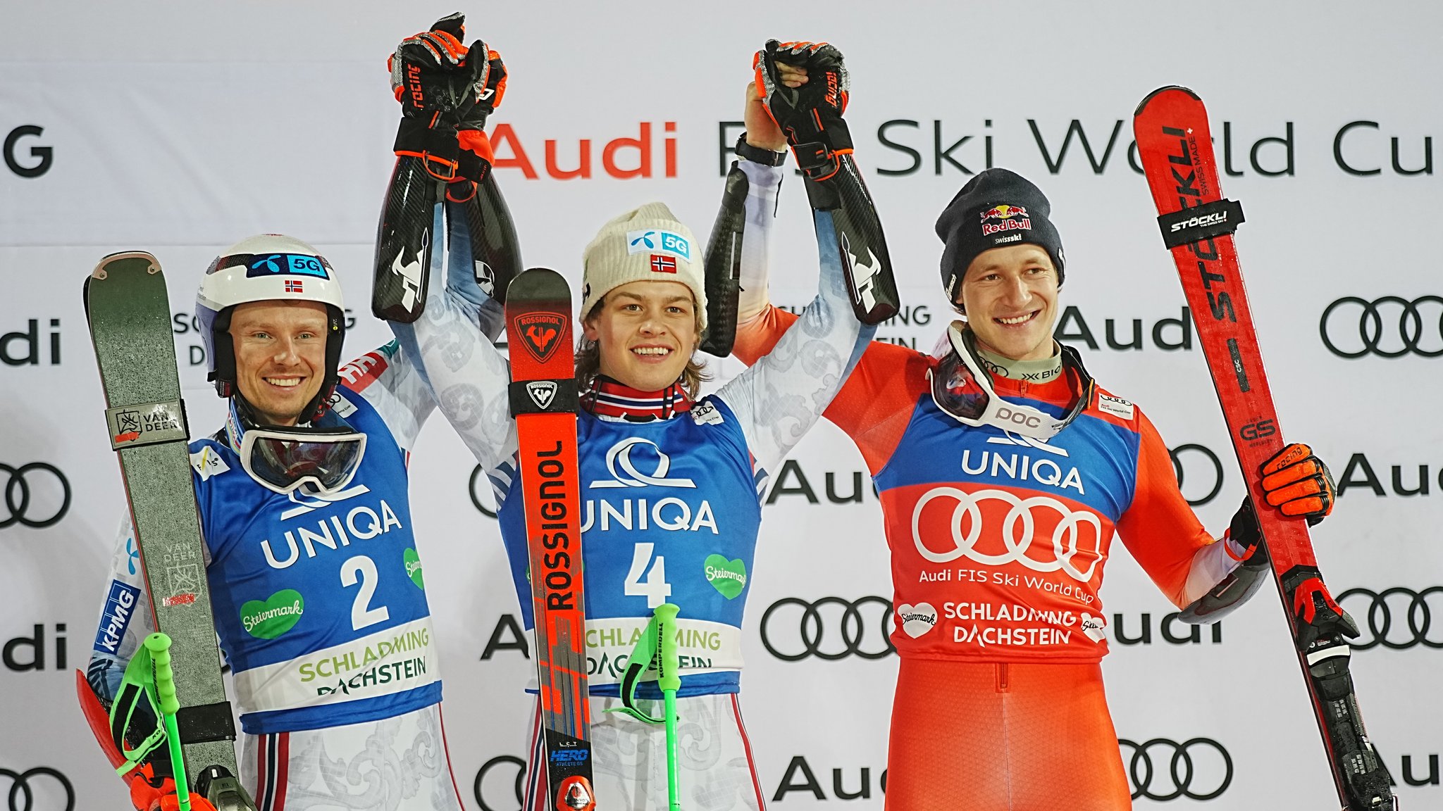 Hendrik Kristoffersen, Alexander Steen Olsen und Marco Odermatt (v. links)