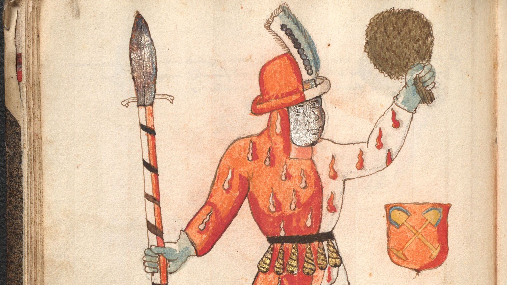 Flämmchenkostüm, Schembartläufer von 1460, aus einem Schembartbuch aus der 2. Hälfte 16. Jahrhunderts