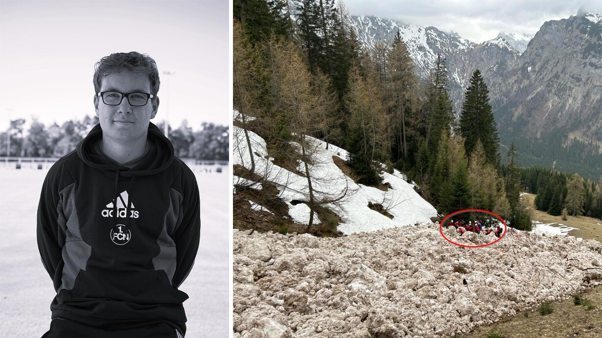 Collage Foto Jonas T. und Rettungstrupp nach dem Lawinenunglück bei der Arbeit