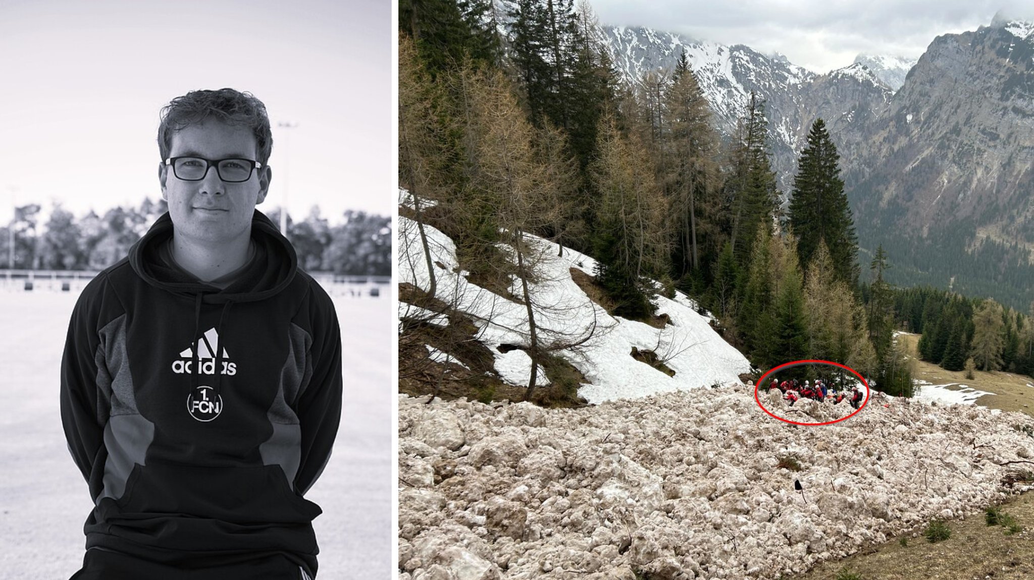 Collage Foto Jonas T. und Rettungstrupp nach dem Lawinenunglück bei der Arbeit