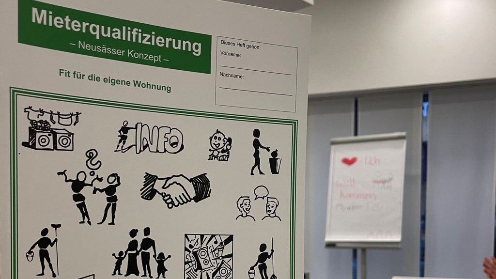 Ein Informationsblatt zur Mieterqualifizierung im Landkreis Günzburg, im Hintergrund ein Schild, auf dem "Herzlich Willkommen" steht. 