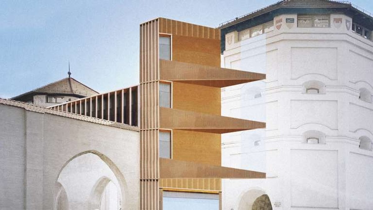 Architektenentwurf: Ein schmaler Anbau aus Holz und Glas an einem der zwei Türme des Isartors.
