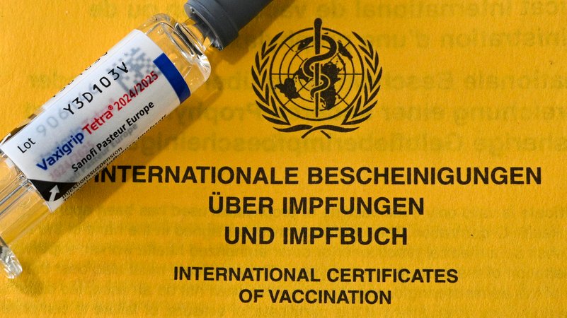 Eine Spritze mit Grippeimpfstoff liegt auf einem Impfpass | Bild: picture alliance/dpa | Jens Kalaene Eine Spritze mit Grippeimpfstoff liegt auf einem Impfpass