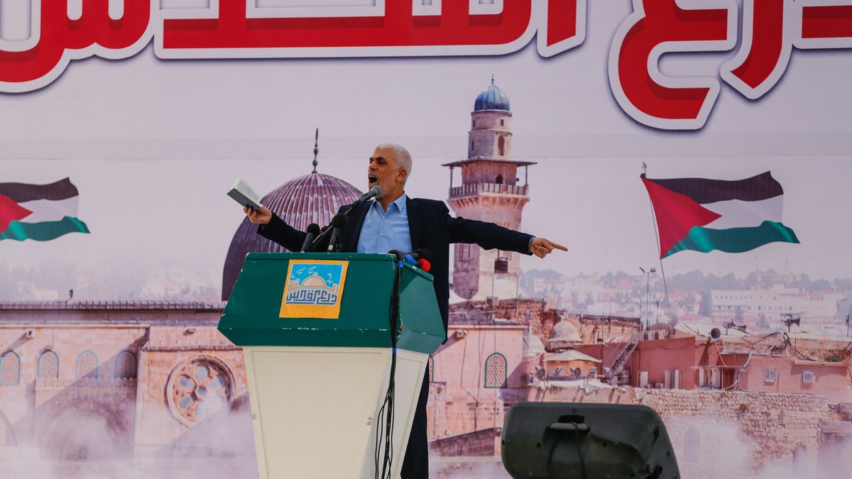 Yahya Sinwar, Militärführer und zweiter Kopf der Hamas in Gaza, bei einer Rede am Al-Quds- Tag (Jerusalem-Tag) am 14. April