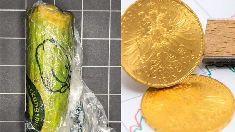 Die Gurke im Paket und Symbolbild einer Goldmünze | Bild: Polizei Sulzbach-Rosenberg, picture alliance / SZ Photo | Wolfgang Filser, Montage: BR Die Gurke im Paket und Symbolbild einer Goldmünze