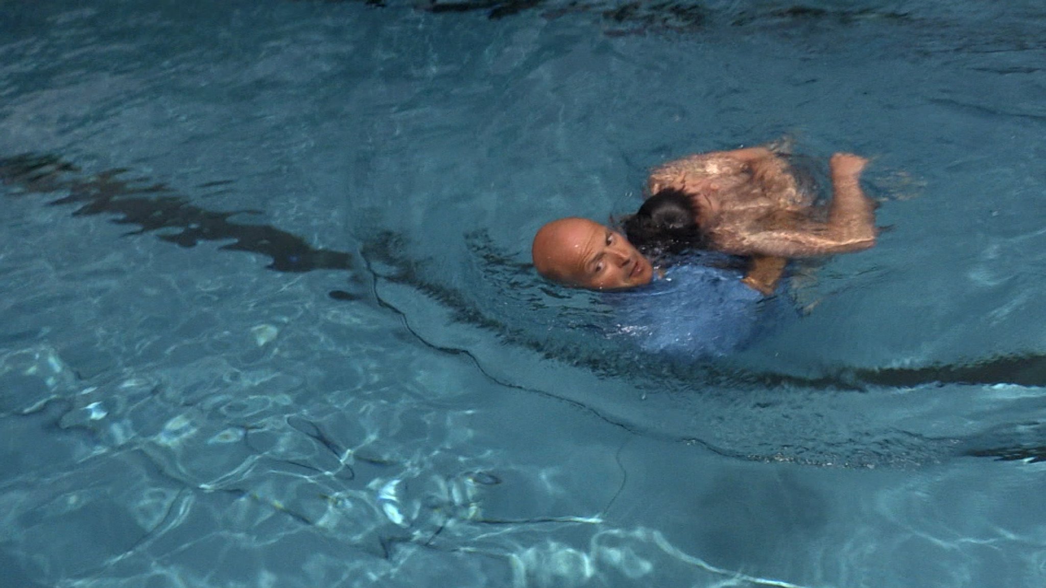 Ein Rettungsschwimmer zieht einen Mann aus dem Wasser in einem Freibad. | Bild: BR Ein Rettungsschwimmer zieht einen Mann aus dem Wasser in einem Freibad.