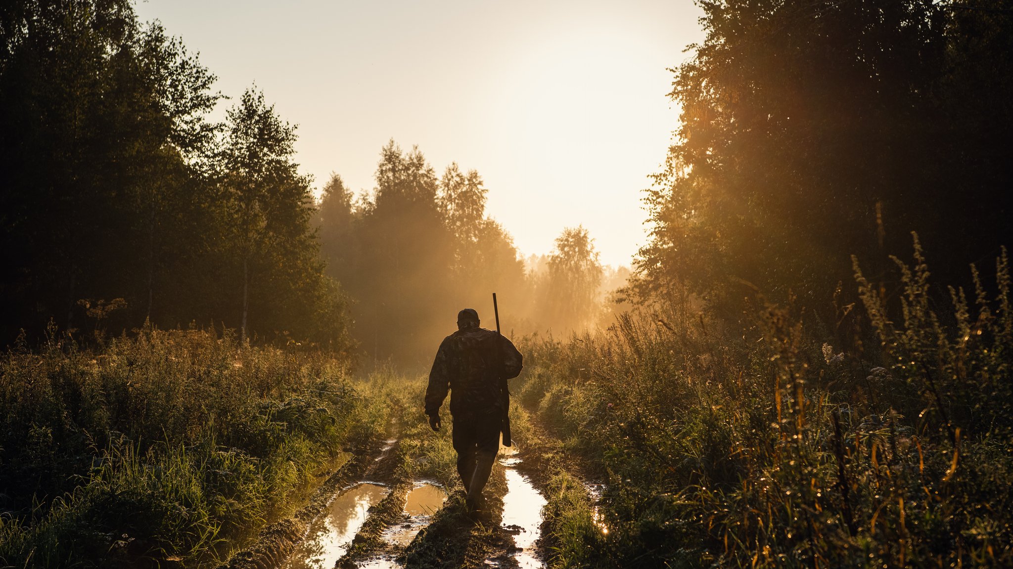 Ein Jäger mit Gewehr bei Sonnenaufgang im Wald.