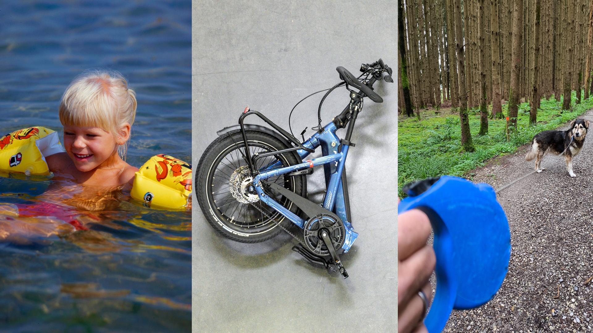 Schwimmflügel, Klappfahrrad, aufrollbare Hundeleine
