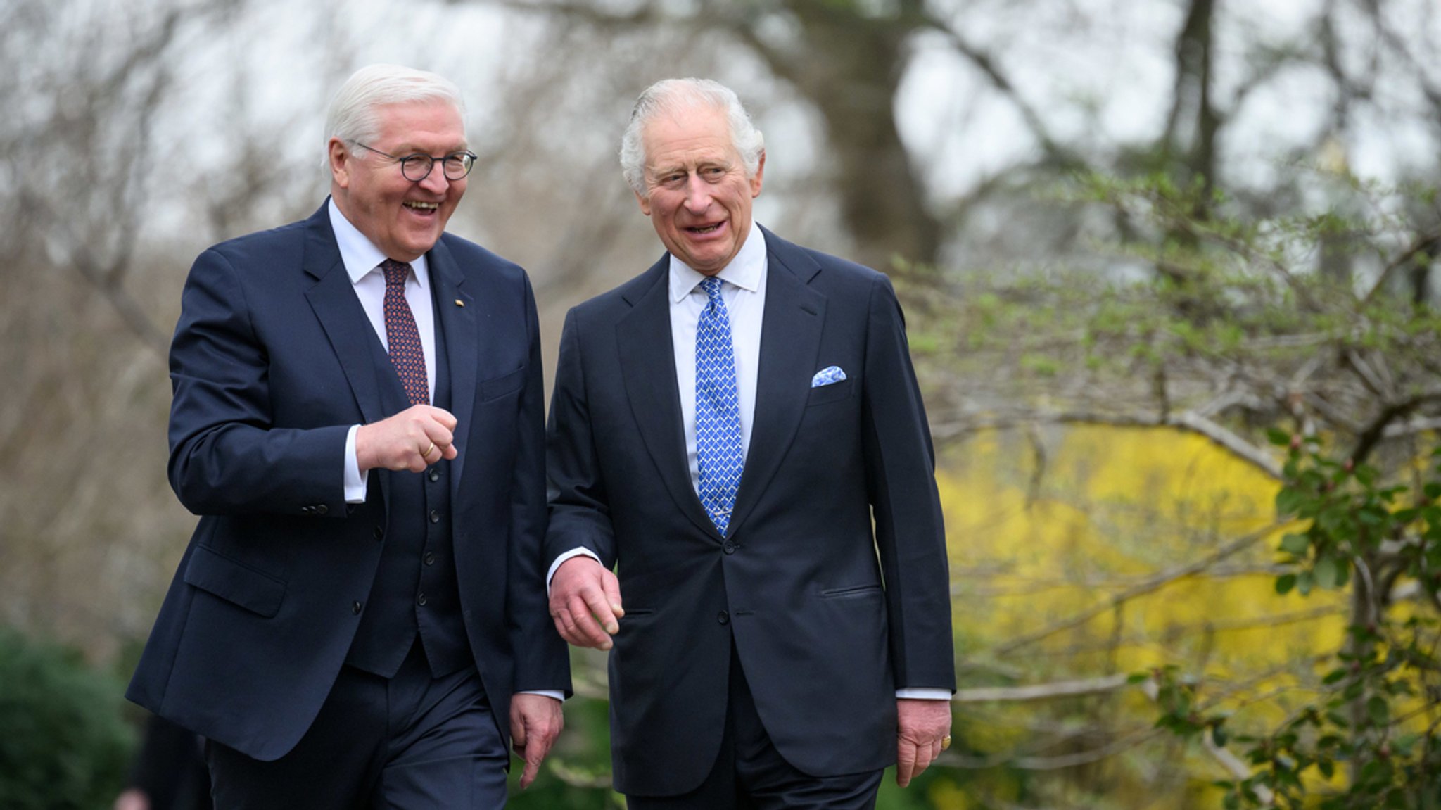 König Charles III. (r) und Bundespräsident Frank-Walter Steinmeier im Garten von Schloss Bellevue