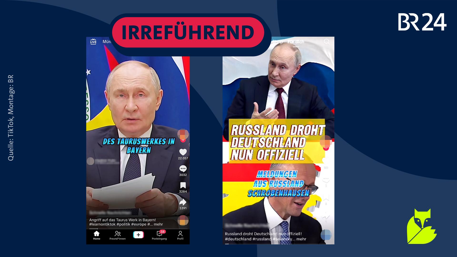 Thumbnails von TikTok-Videos, darüber der Stempel "irreführend".