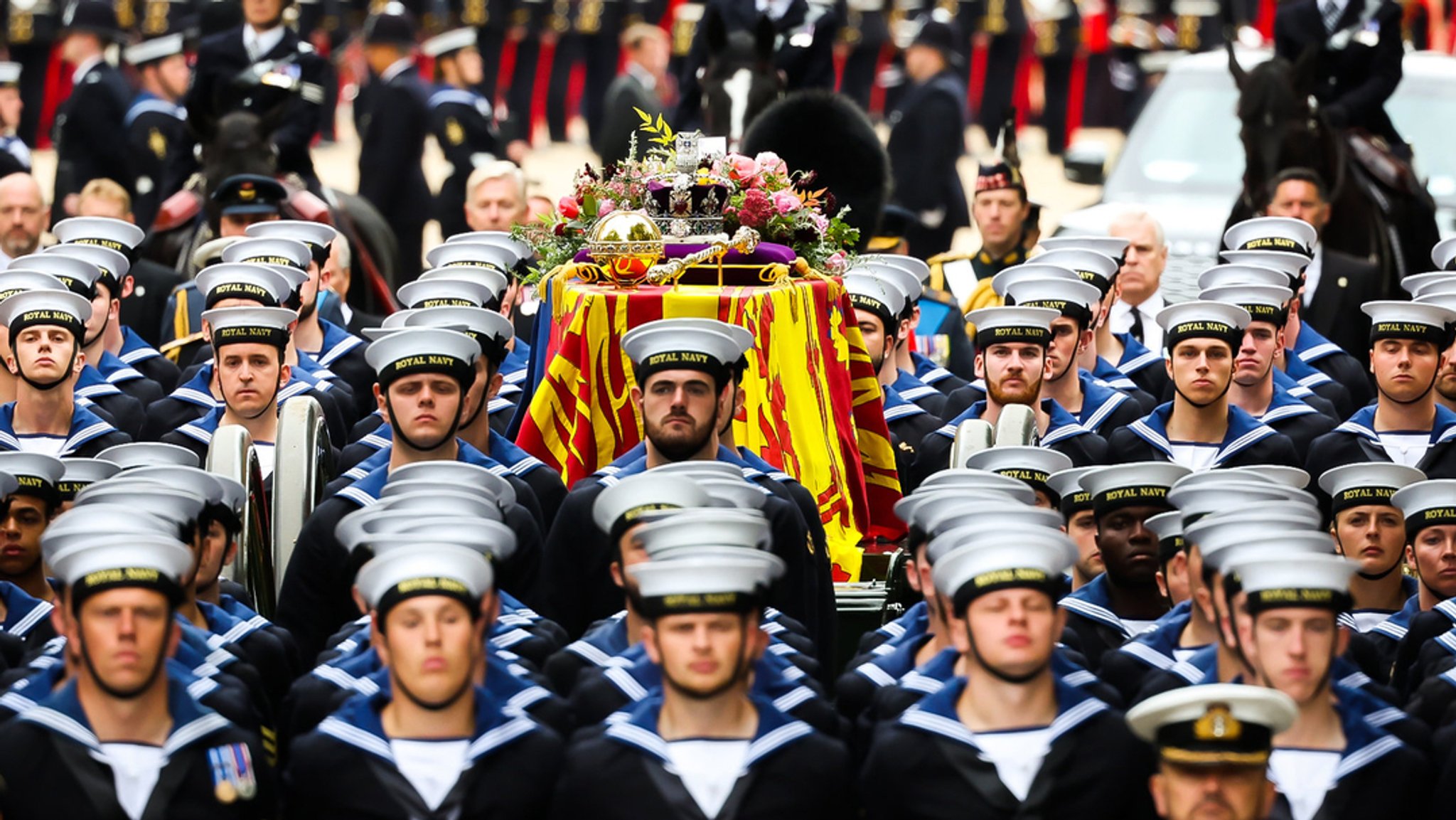 Der Sarg von Königin Elizabeth II. auf einer Lafette am Montag. | Bild: dpa-Bildfunk/Christian Charisius Der Sarg von Königin Elizabeth II. auf einer Lafette am Montag.