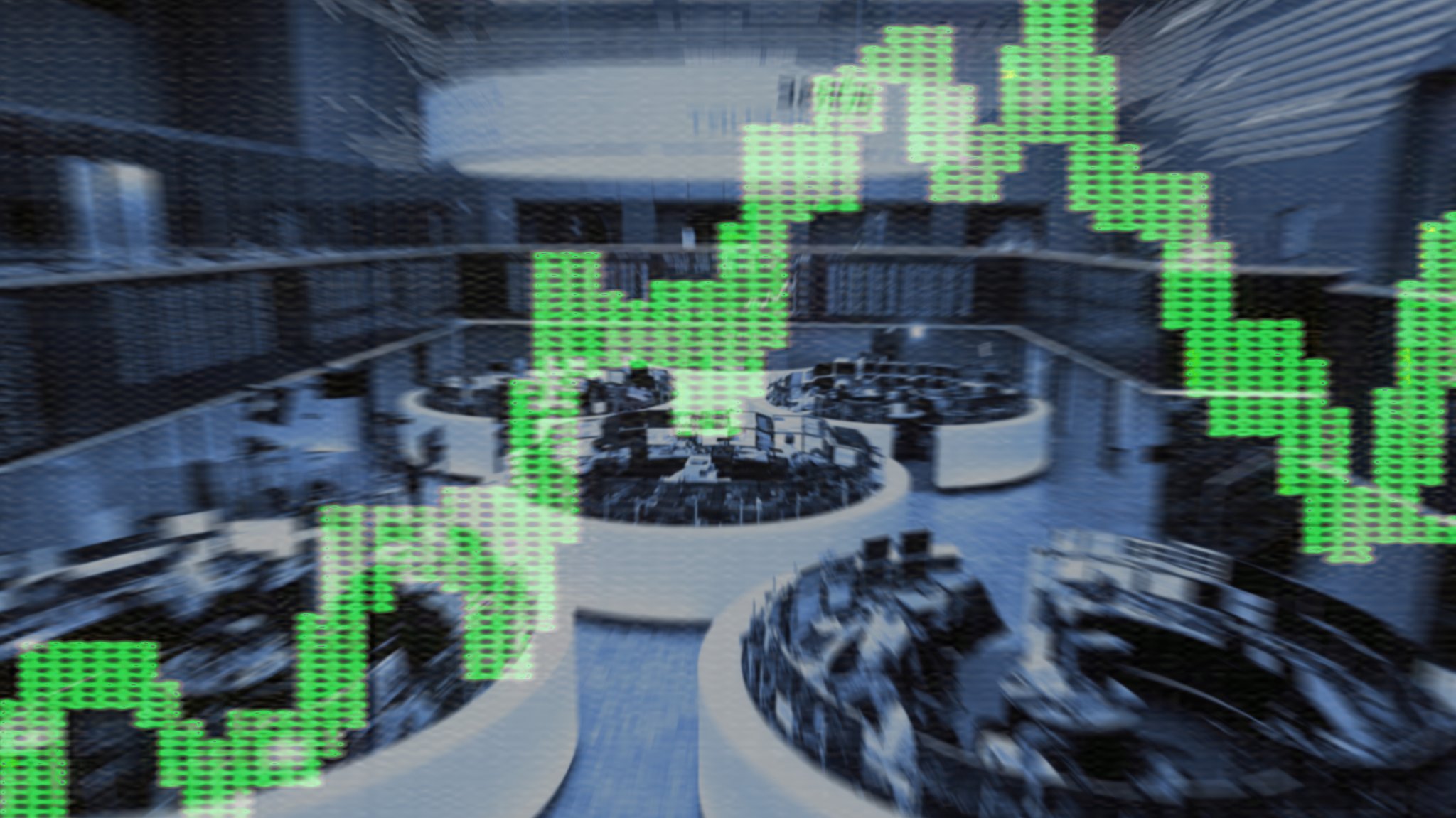 Eine Collage zeigt im Hintergrund den Handelssaal der Frankfurter Börse. Im Vordergrund ist ein grüner Graph zu sehen, der den steigenden DAX versinnbildlicht.