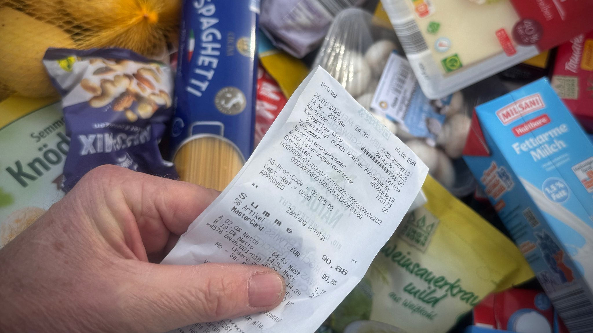 Wocheneinkauf und Kassenzettel (Symbolbild) | Bild: pa/Frank Hoermann/SVEN SIMON Wocheneinkauf und Kassenzettel (Symbolbild)