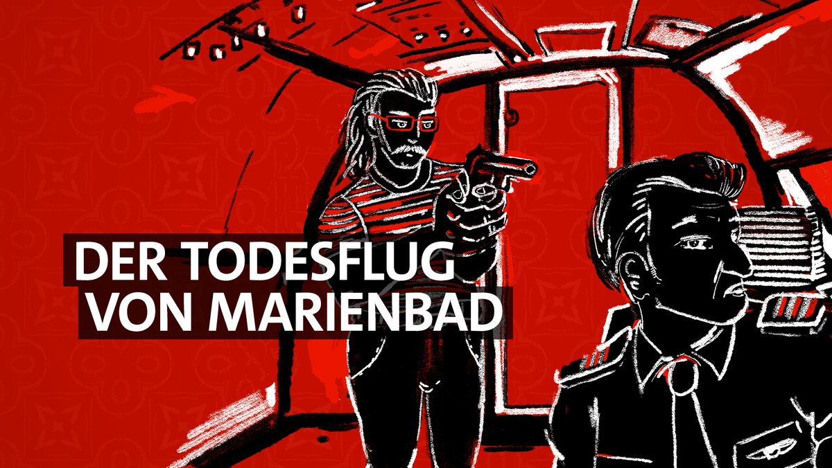 Der Todesflug von Marienbad. Ein Mann im Hintergrund hält eine Pistole in der Hand und zielt auf einen Piloten.