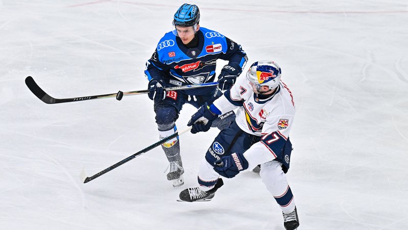 Im Duell Edwin TROPMANN (ERC Ingolstadt) und Adam BROOKS (EHC München). | Bild: picture alliance / BEAUTIFUL SPORTS | Goldberg Im Duell Edwin TROPMANN (ERC Ingolstadt) und Adam BROOKS (EHC München).
