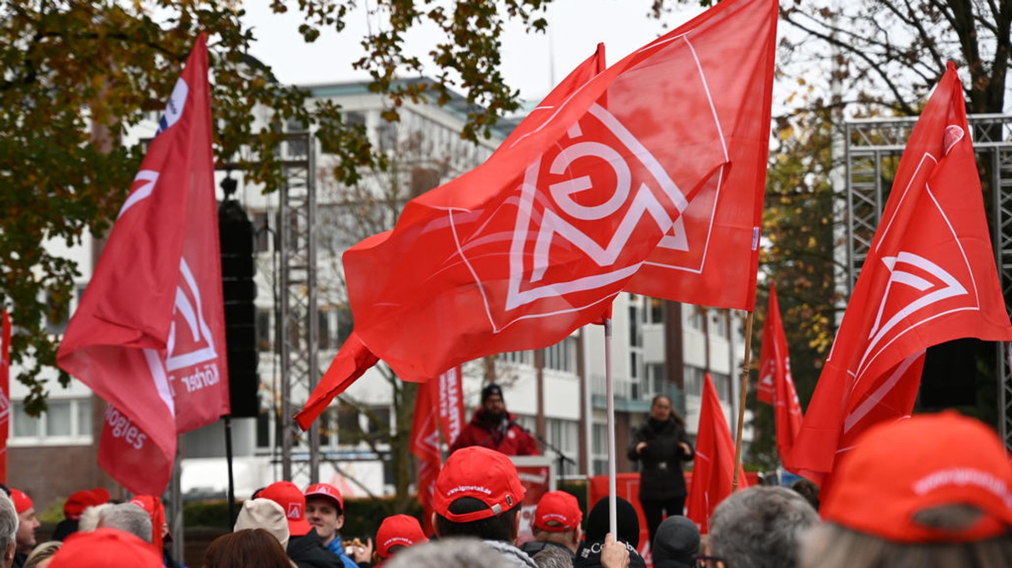 05.11.2024: Streikende mit IG-Metall-Fahnen in Hamburg.