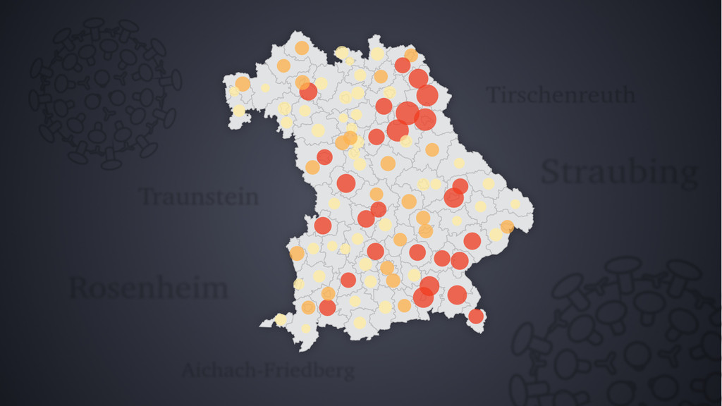 Corona-Daten Bayern und Deutschland - Karte Bayern mit roten Inzidenz-Markierungen