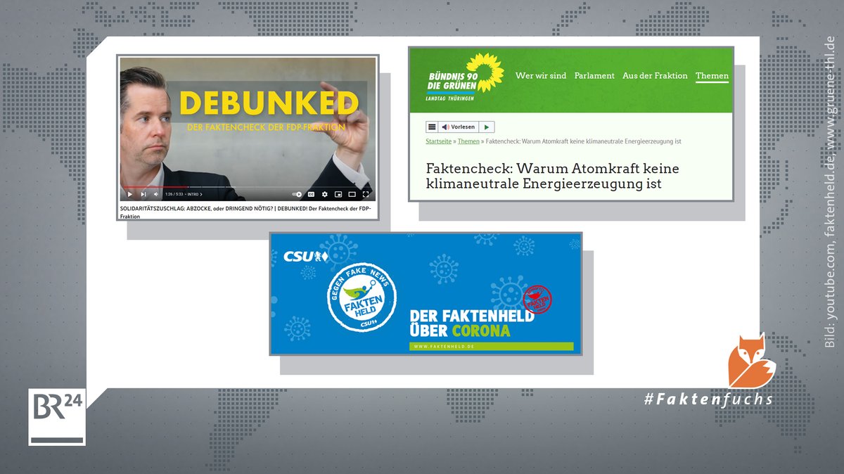 Drei Screenshots von Webseiten auf einer Grafik im Faktenfuchs-Desin.