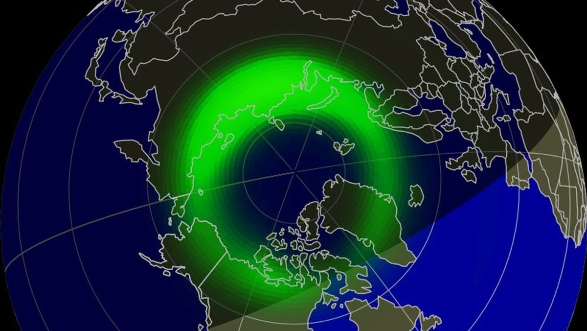 Polarlicht-Vorhersage des US-amerikanischen Weltallwetter-Vorhersage-Zentrums NOAA für den 4. Januar 2024. Meist treten Polarlichter nur nördlich des Polarkreises (bei 66,5° Nord) auf.